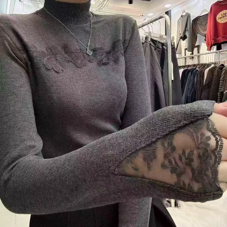 设计感拼接蕾丝磨毛半高领长袖T恤秋冬2025新款百搭纯色显瘦上衣