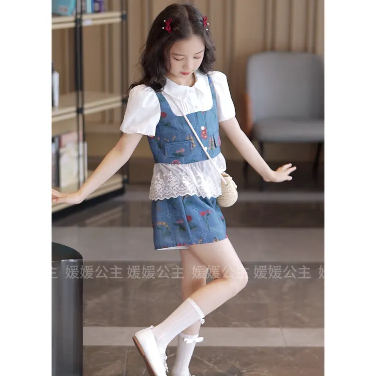 媛媛公主2025夏女童甜美凉感轻薄可爱花花假两件套装15435Q234