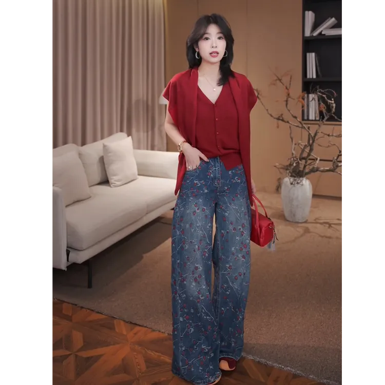 广州琴姐【莓枝漫旅】复古时尚樱桃高腰显瘦直筒牛仔裤子女秋款0186