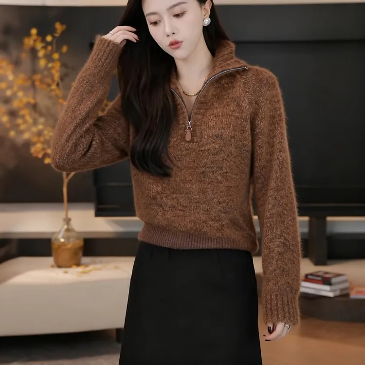 棕色半拉链翻领毛衣女士秋冬慵懒风内搭可外穿高级感显瘦针织上衣