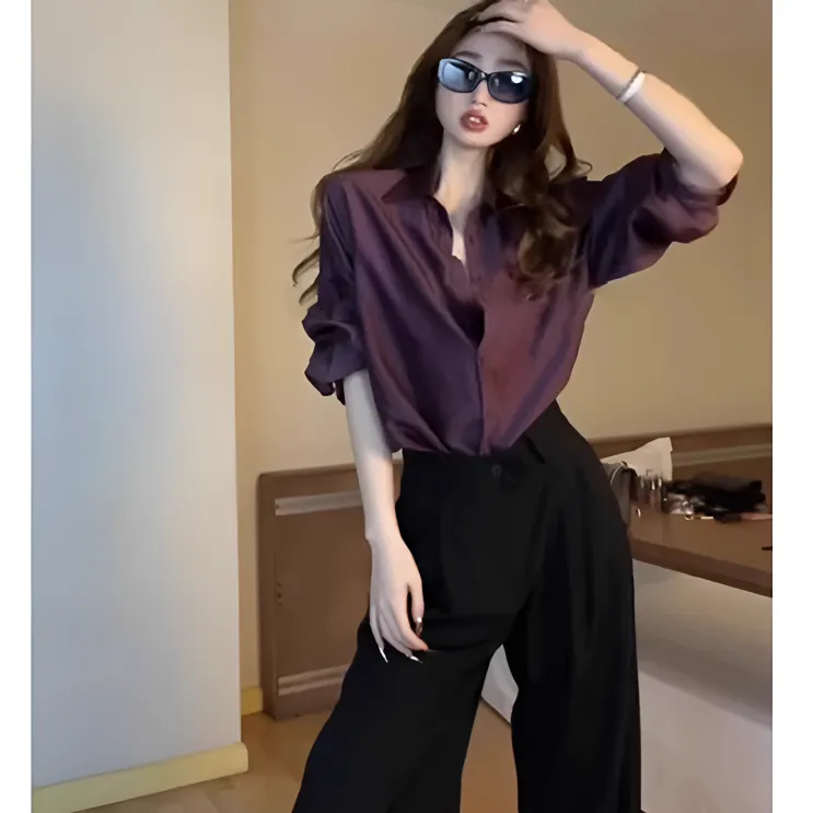 法式紫色醋酸缎面防晒衬衫女早秋季薄款外搭衬衣气质时髦上衣外套