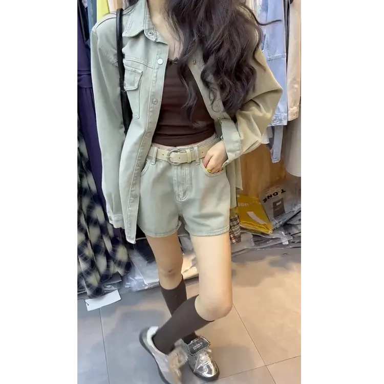 2025春秋新款时尚气质翻领长袖牛仔衬衫外套搭高腰阔腿短裤套装女