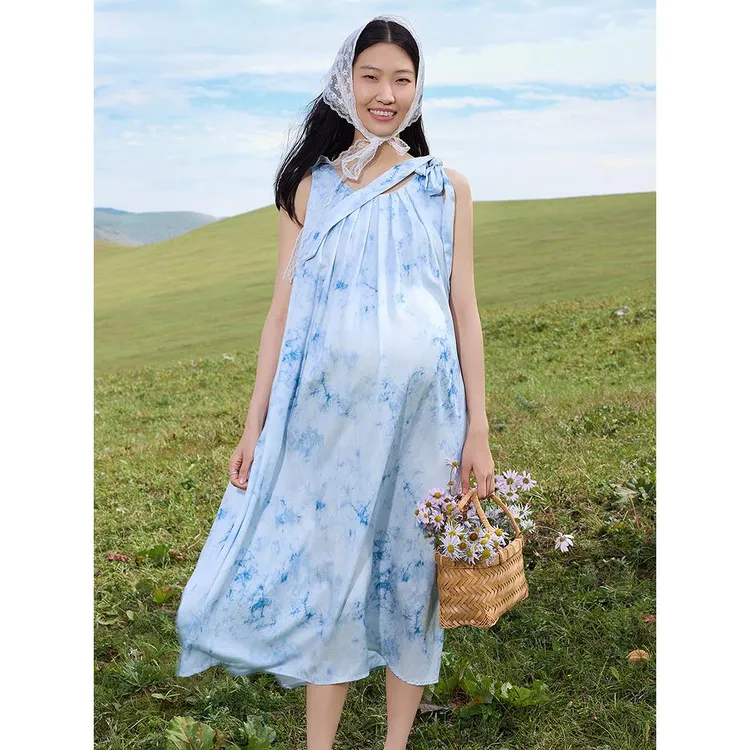 25夏薄款孕妇裙无袖连衣裙宽松扎染长裙牛仔气质甜美HH32937