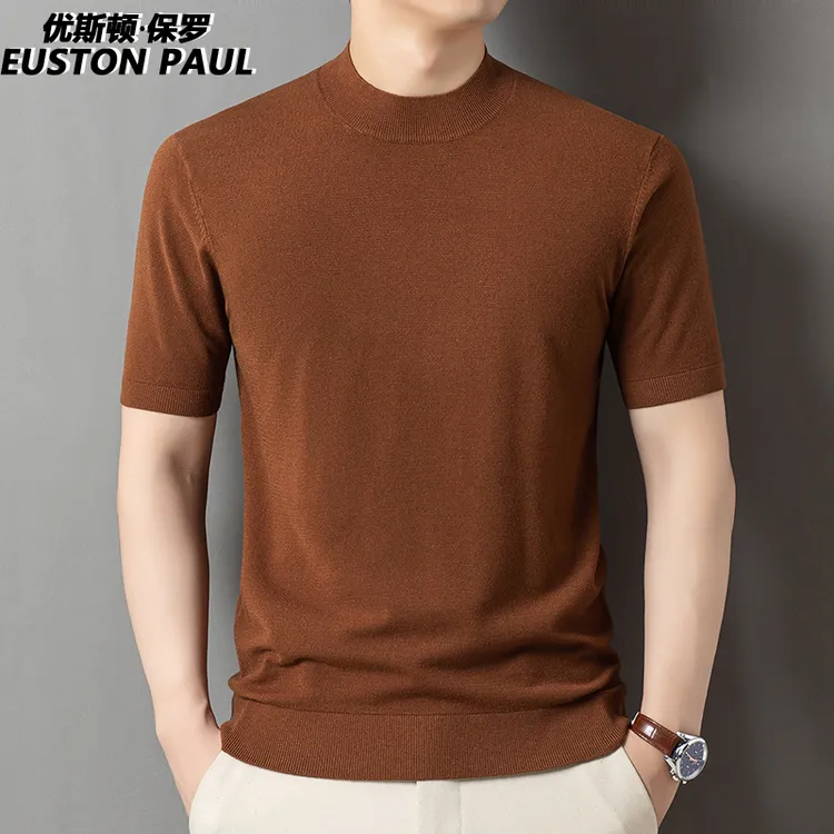 优思顿保罗秋冬男士短袖羊毛衫中年半高领打底毛衣纯色针织衫男装