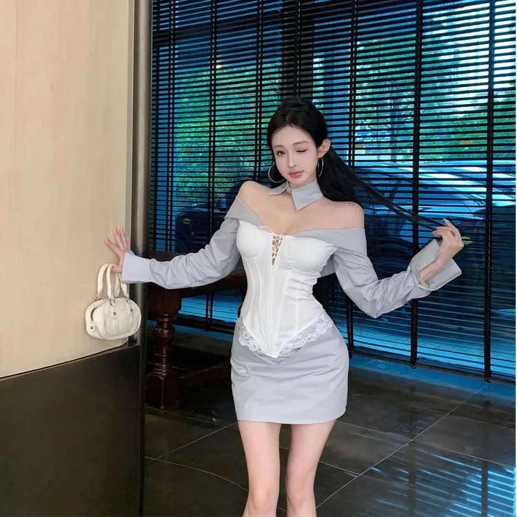 韩版气质性感修身长袖抹胸鱼骨衬衫设计感小众显瘦包臀短裙套装女