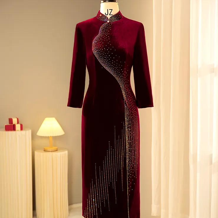 旗袍敬酒喜婆婆婚宴装平时可穿秋冬季长袖礼服妈妈丝绒高级感轻奢