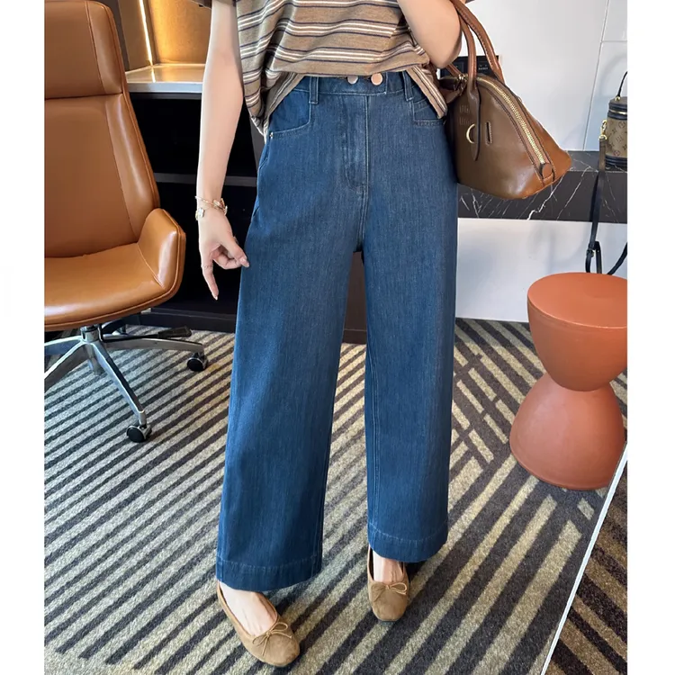 直腿神裤~复古蓝双扣高腰直筒牛仔裤女秋款小个子弹力阔腿九分裤