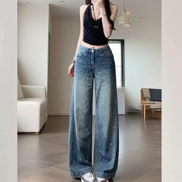 B2027新款重工烫钻牛仔满天星阔腿裤百搭休闲时尚设计感韩版T