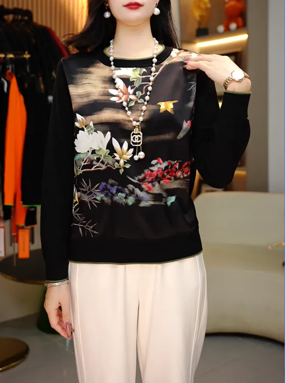 新2025时尚百搭桑蚕丝印花女士休闲长袖气质圆领套头-355