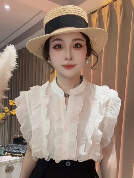 法式小资别致独特漂亮上衣高级感轻奢洋气减龄白色坎肩衬衫女夏季