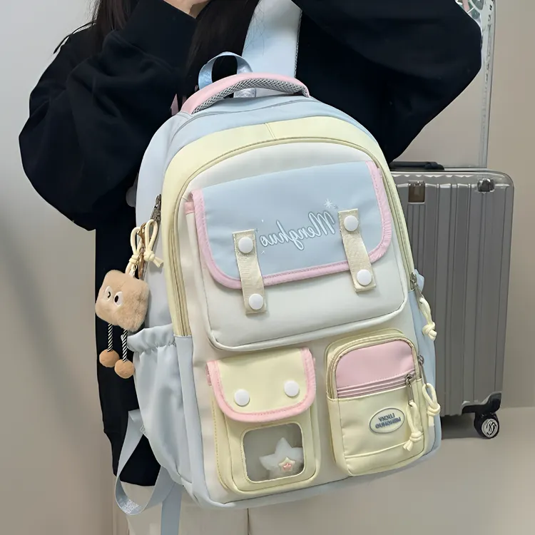 高颜值ins可爱双肩包女生初中高中学生大容量背包小学生撞色书包 