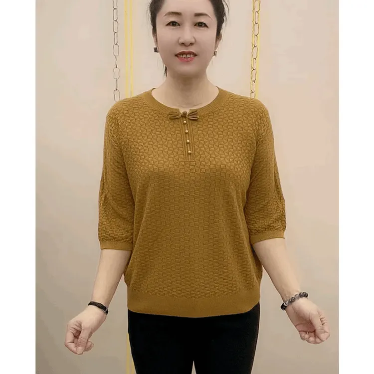2025网红新款时尚百搭气质七分袖蝴蝶结纯色高档洋气宽松妈妈装
