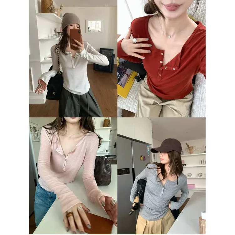 【校校专属】由子衣舍/Youzi Atelier亨利领经典韩系t恤上衣女柔软显瘦打底衫