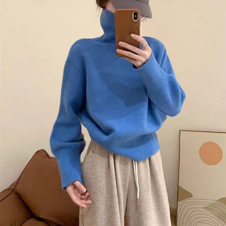 克莱因蓝色高领毛衣女秋冬季新款宽松百搭上衣长袖套头针织打底衫