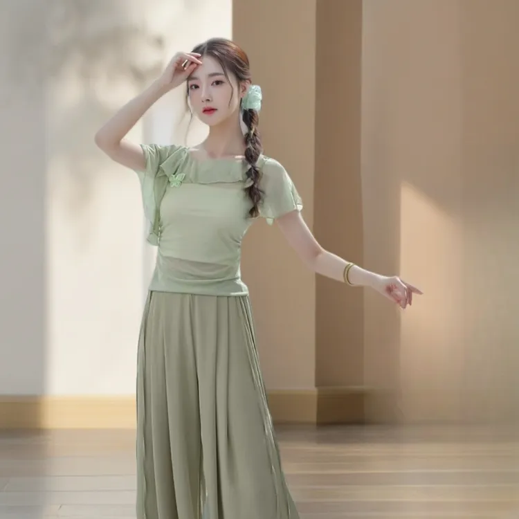 老师同款荷叶领短袖一字领蝴蝶装饰现代舞形体服练功服纱衣25668