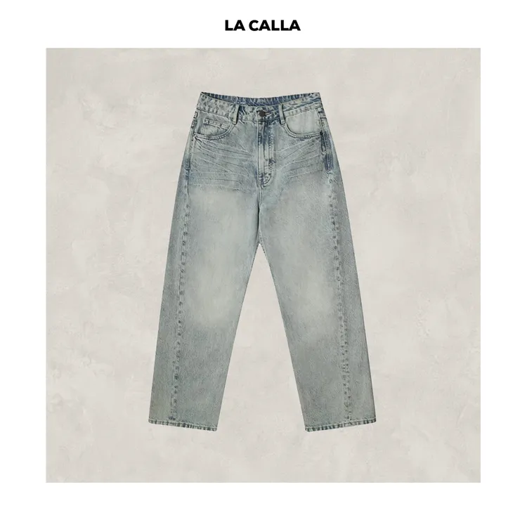 LA CALLAROW浅牛洗水浅蓝设计师水洗复古做旧宽松牛仔裤K061