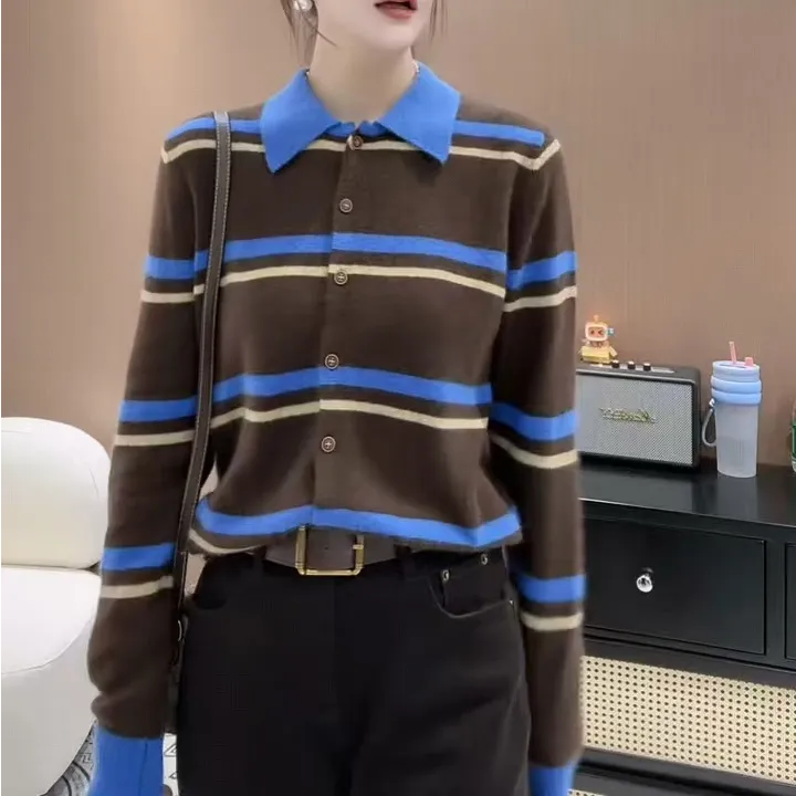 2025秋季新款条纹毛针织衫长袖开衫秋针织衬衫袖针织衫女装