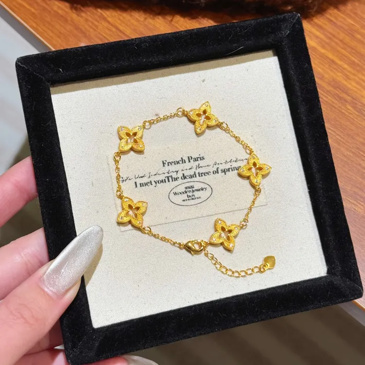 铜合金手链 新中式重工爆闪拉丝四叶草手链女经典时尚百搭不掉色