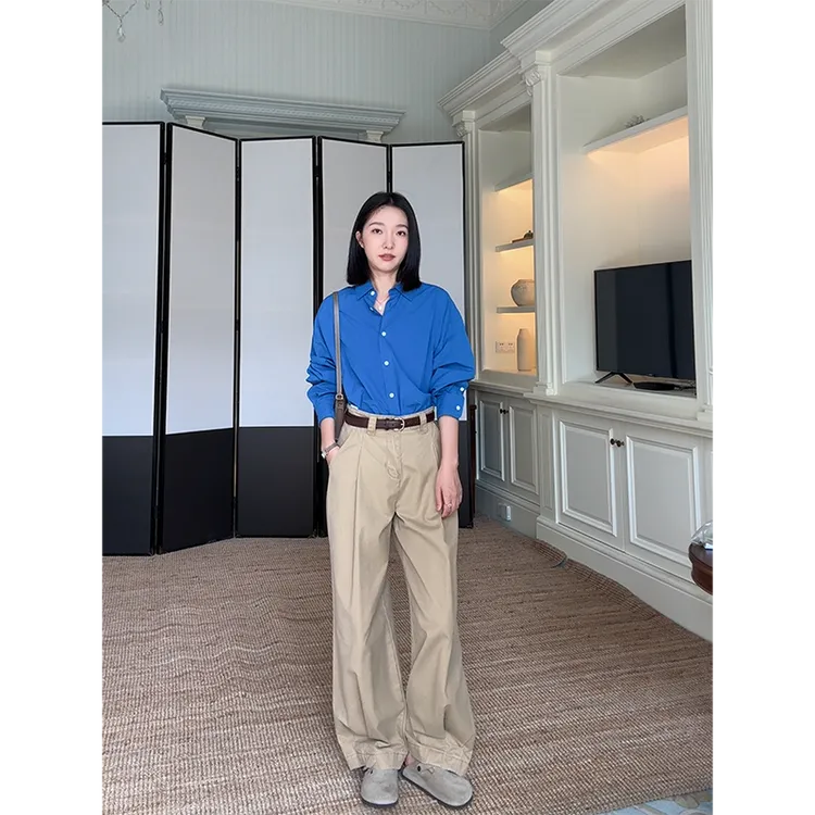 郭九九呢 100棉克莱因蓝简约宽松衬衫显瘦直筒阔腿裤 G923C05927