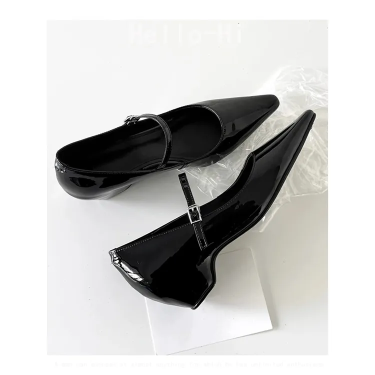 羊皮版~法式气质一字扣带粗跟玛丽珍女鞋尖头单鞋浅口通勤高跟鞋