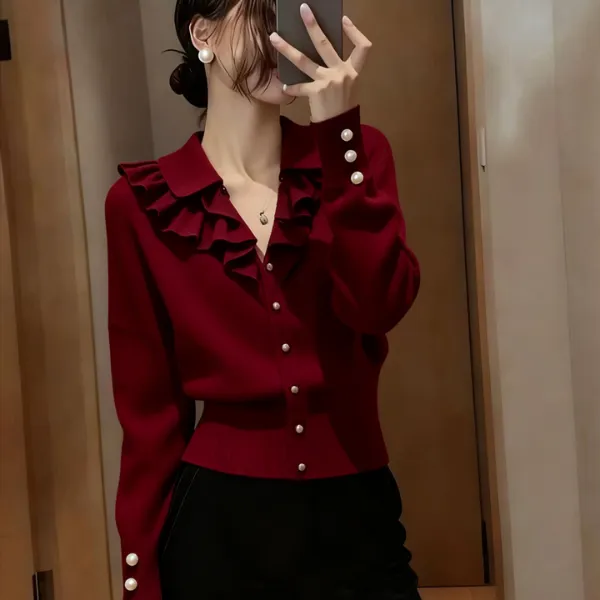 法式荷叶边珍珠翻领长袖针织开衫女冬季新款气质风百搭单排扣上衣