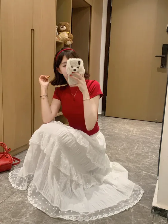 夏季一整套ootd穿搭温柔风韩版红色短袖上衣高腰半身裙气质两件套