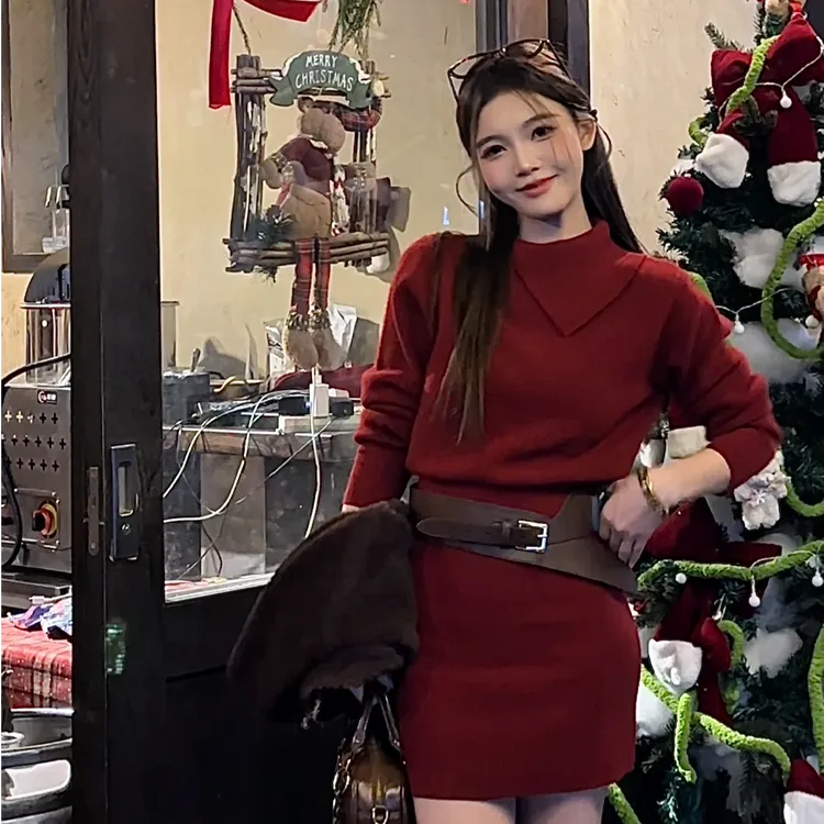 望野集WIdset秋冬新款气质收腰包臀毛衣修身内搭针织连衣裙12111#