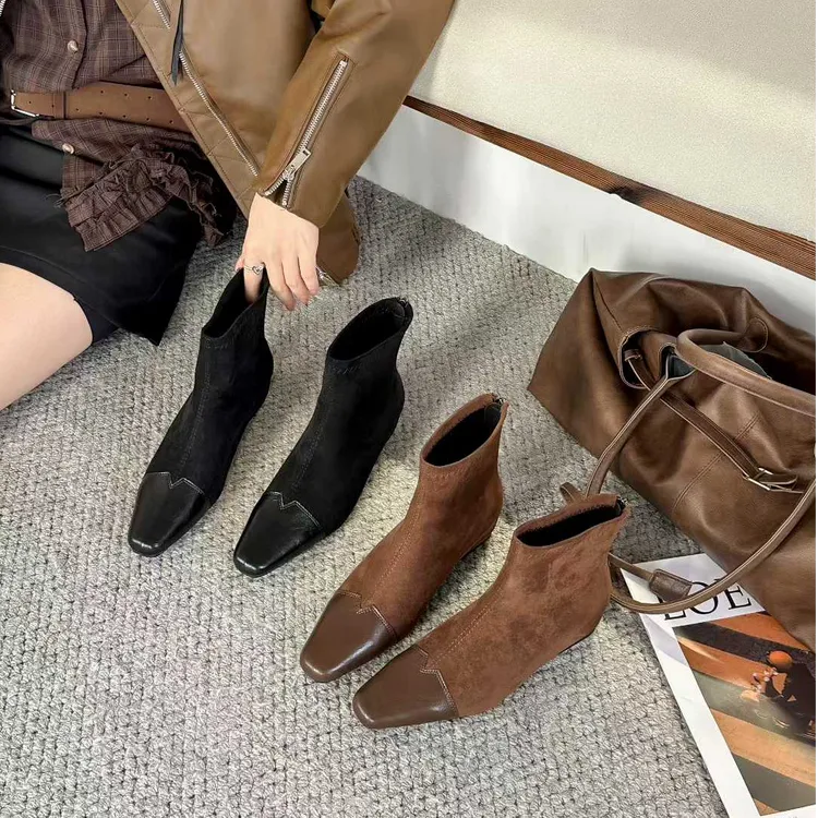2025秋季法式复古绒面气质内增高瘦瘦靴拼接设计感小方头百搭短靴