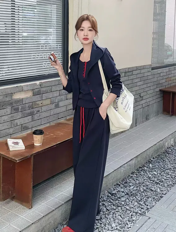 秋季新款纯欲慵懒休闲风时尚短外套上衣舒适宽松显瘦长裤套装女