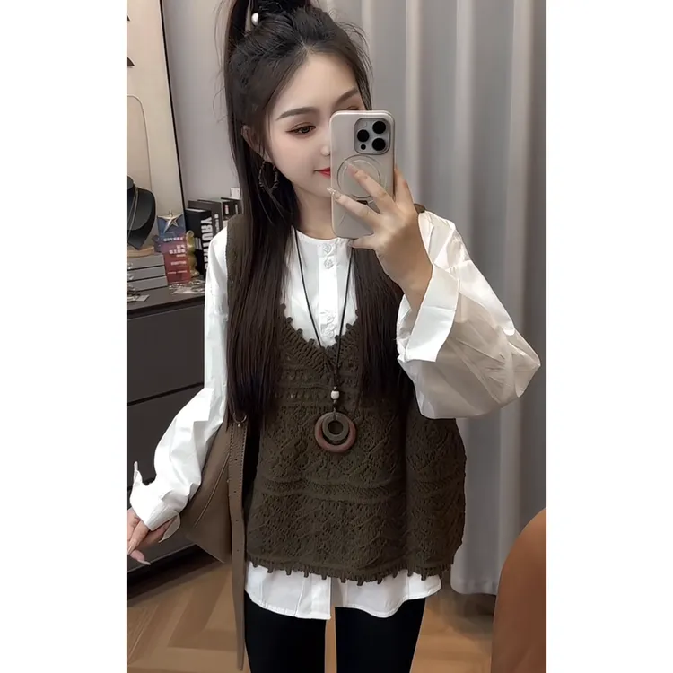 2025早秋新款韩版宽松休闲时尚百搭显瘦针织马甲背心衬衫两件套潮