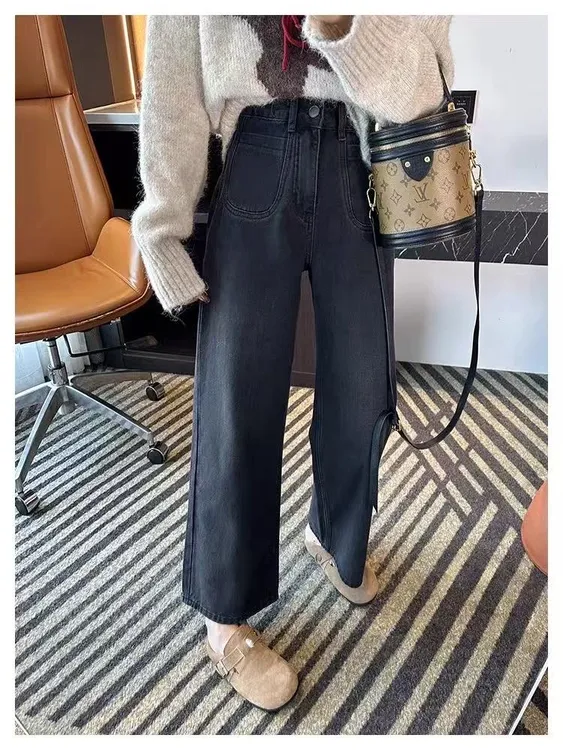 黑灰色直筒九分牛仔裤女2025秋季新款大码胖mm高腰显瘦宽松阔腿裤