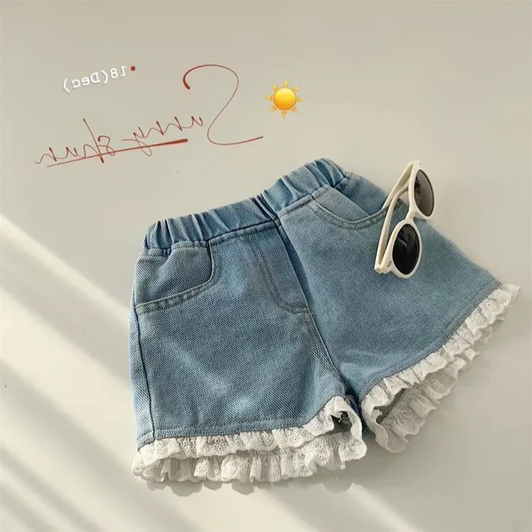 【爆款】2025夏装女童韩版儿童可爱甜美软牛仔短裤蕾丝花边短裤子
