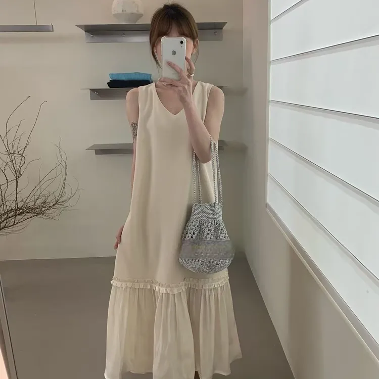 拼接小众显瘦裙子白色夏季气质长裙无袖老钱风松弛感女装