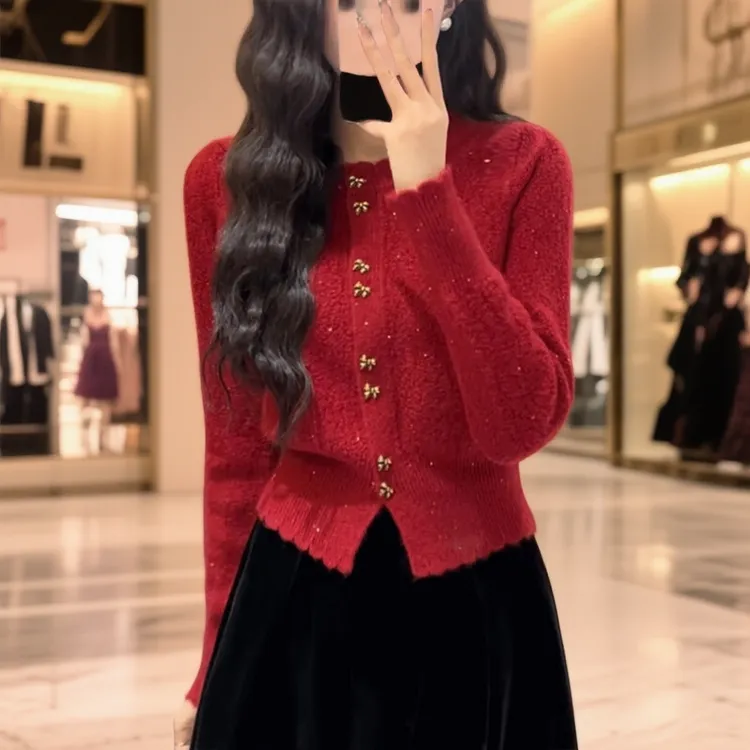 慵懒风红色针织开衫毛衣外套女秋冬新款元旦穿搭百搭超好看上衣女