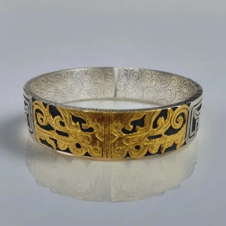 足银手镯 金面饕餮 民族风圈口可调纯手工通用潮流复古镯子时尚