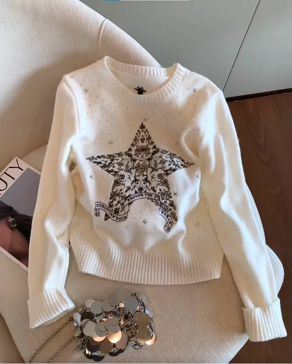 秋冬小香风白色星星刺绣烫钻套头针织衫2025新款软糯气质百搭毛衣