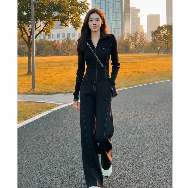 黑色休闲运动加绒套装女2025新款洋气减龄设计感卫衣阔腿裤两件套