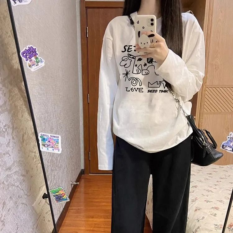 美式复古内搭长袖t恤女秋冬白色打底衫春季2025新款宽松纯棉上衣
