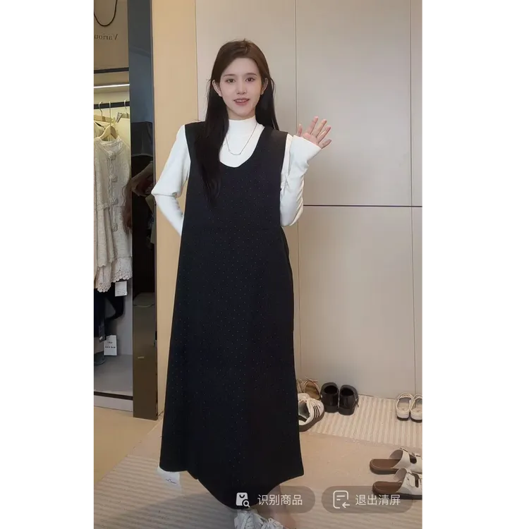 YNVO时尚~2025法式半高领泡泡袖针织打底衫＋u领波点背心裙套装