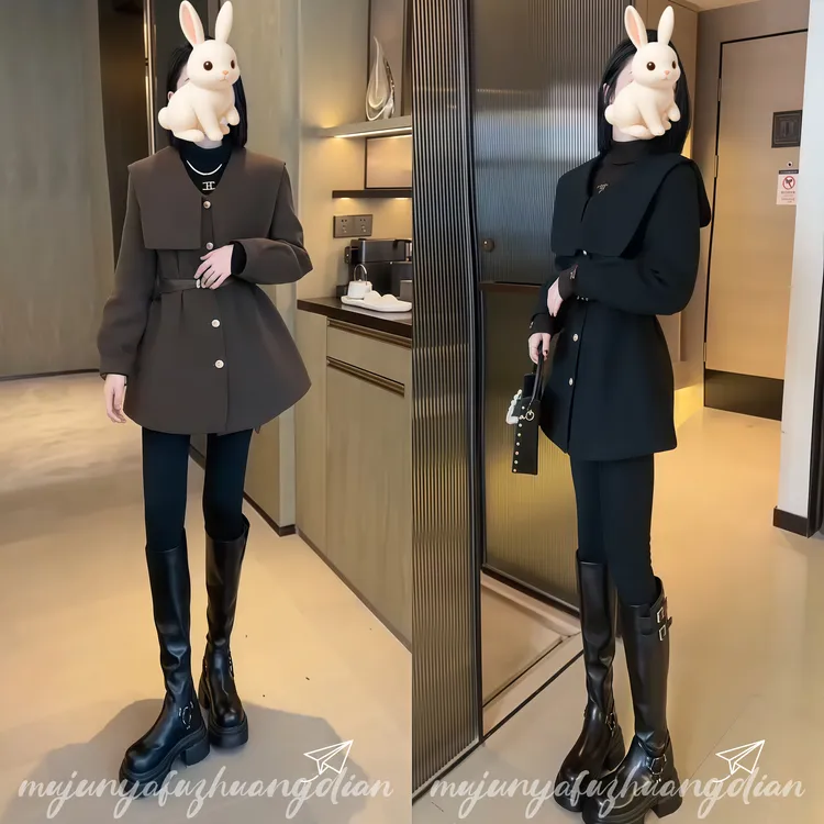 今年流行海军领毛呢外套女秋款2025新款高端小个子娃娃领收腰大衣
