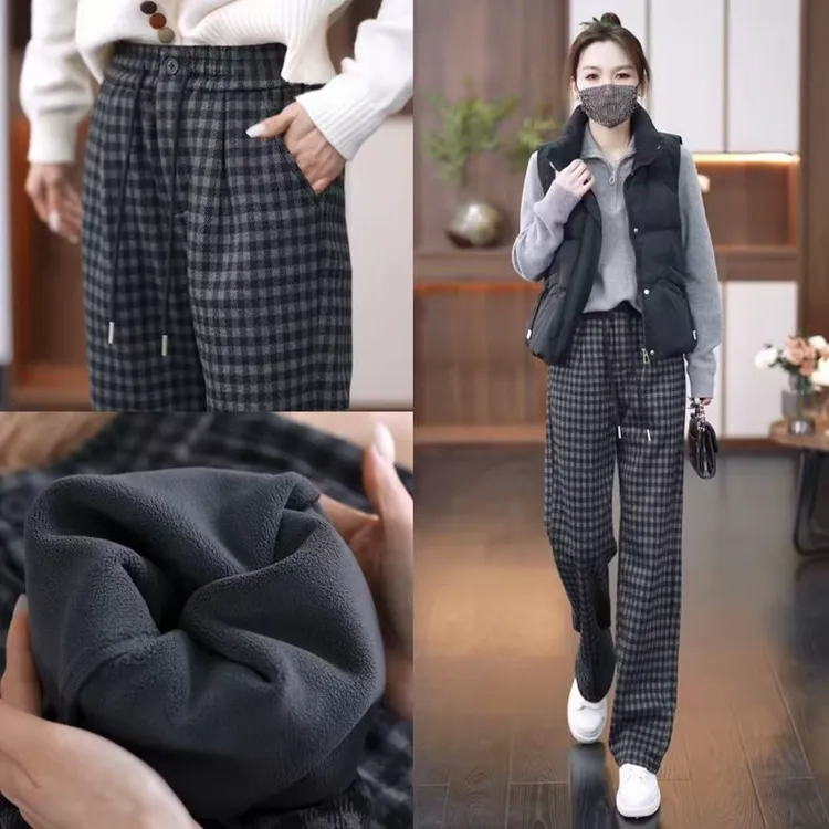 秋冬季新款加绒保暖格纹阔腿裤休闲毛呢格子裤高腰宽松显瘦直筒裤
