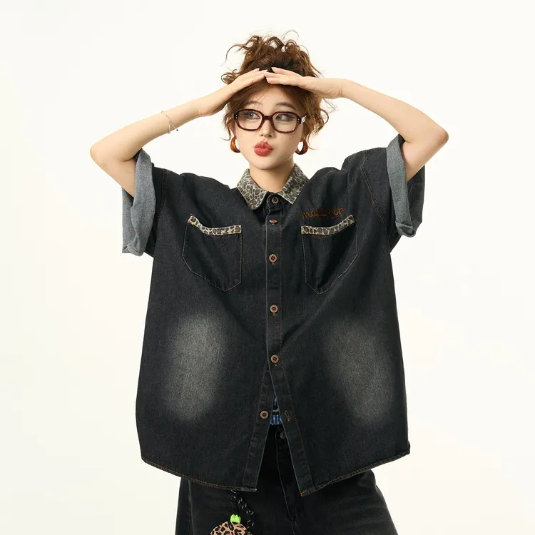 小众设计美式豹纹拼接牛仔短袖T恤衬衫衬衣女复古休闲做旧豹纹