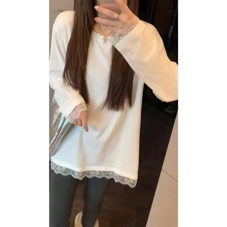韩版蕾丝花边拼接打底衫女秋冬季新款圆领时尚宽松百搭长袖T恤女