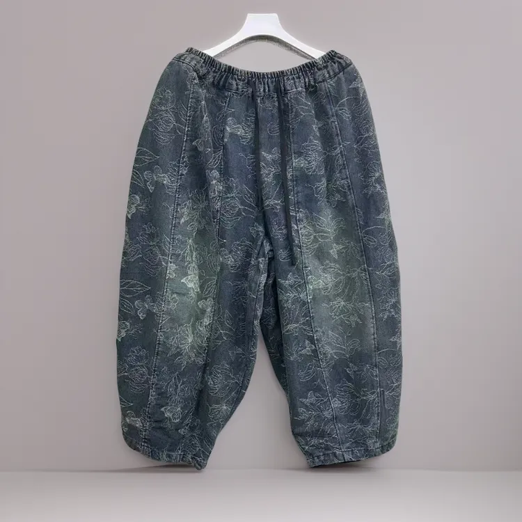 复古提花牛仔南瓜裤抽绳秋冬休闲2025大码女装炸街潮款入秋简约