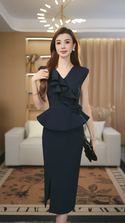 罗曼定制 高定原创深蓝色收腰上衣+气质名媛包臀半身裙女套装新款