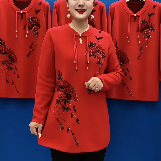 春秋款复古盘扣针织打底衫2025新款宽松显瘦中长款妈妈保暖打底衫