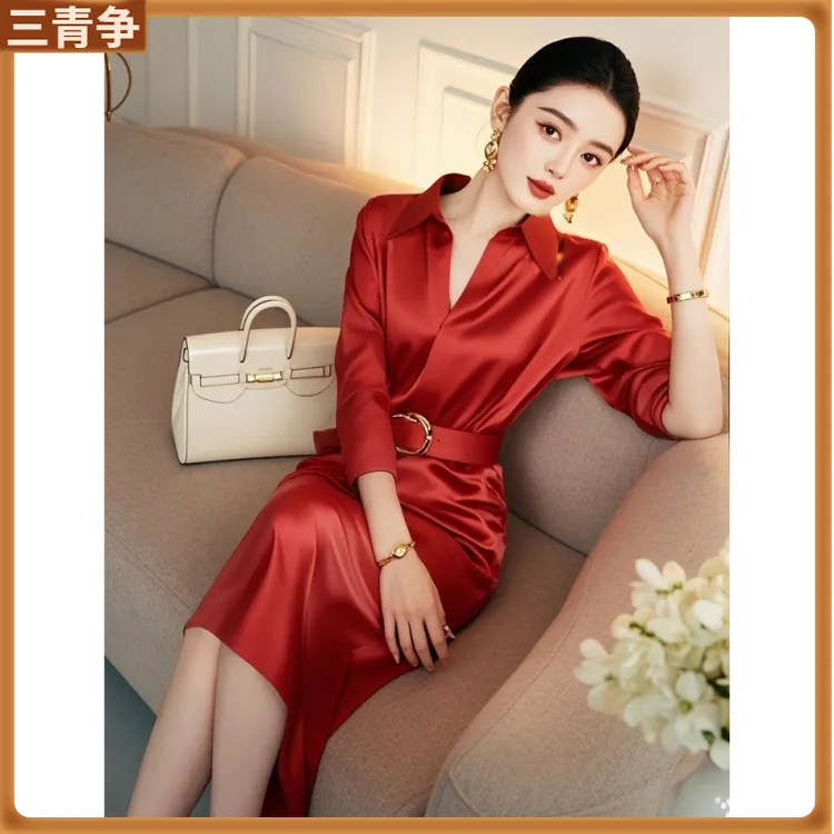 1法式轻奢感正式场合气质名媛精致本命年红色衬衫连衣裙秋l