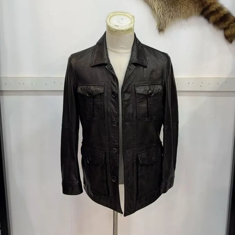 超有型绵羊皮油蜡猎装重工潮帅真皮皮衣男款92007