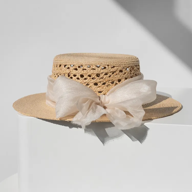 疯帽子 法式甜美欧根纱蝴蝶结天然拉菲草帽镂空出游帽子春夏2025