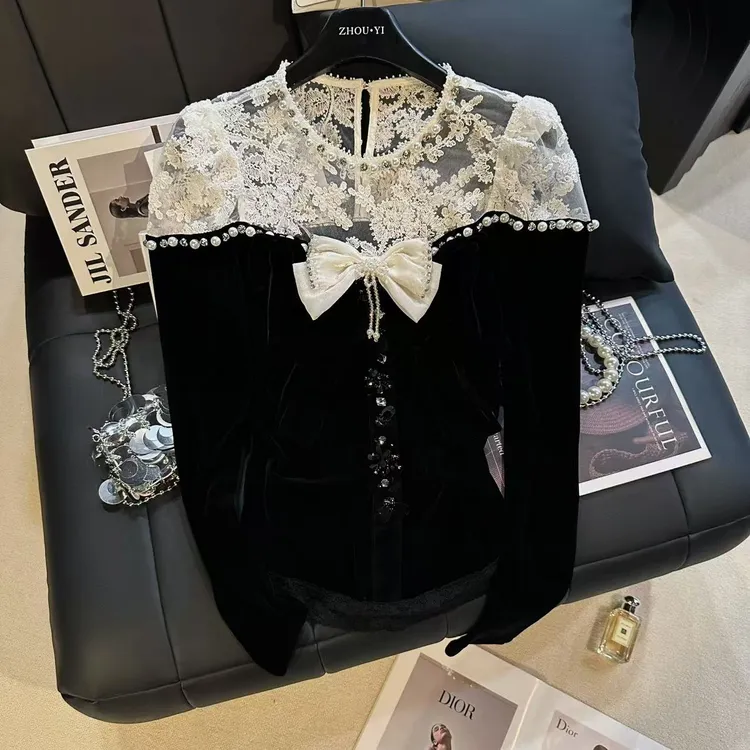 ZHOUYI/周一2025新款V领上衣女镂空蕾丝蝴蝶结长袖气质百搭打底衫
